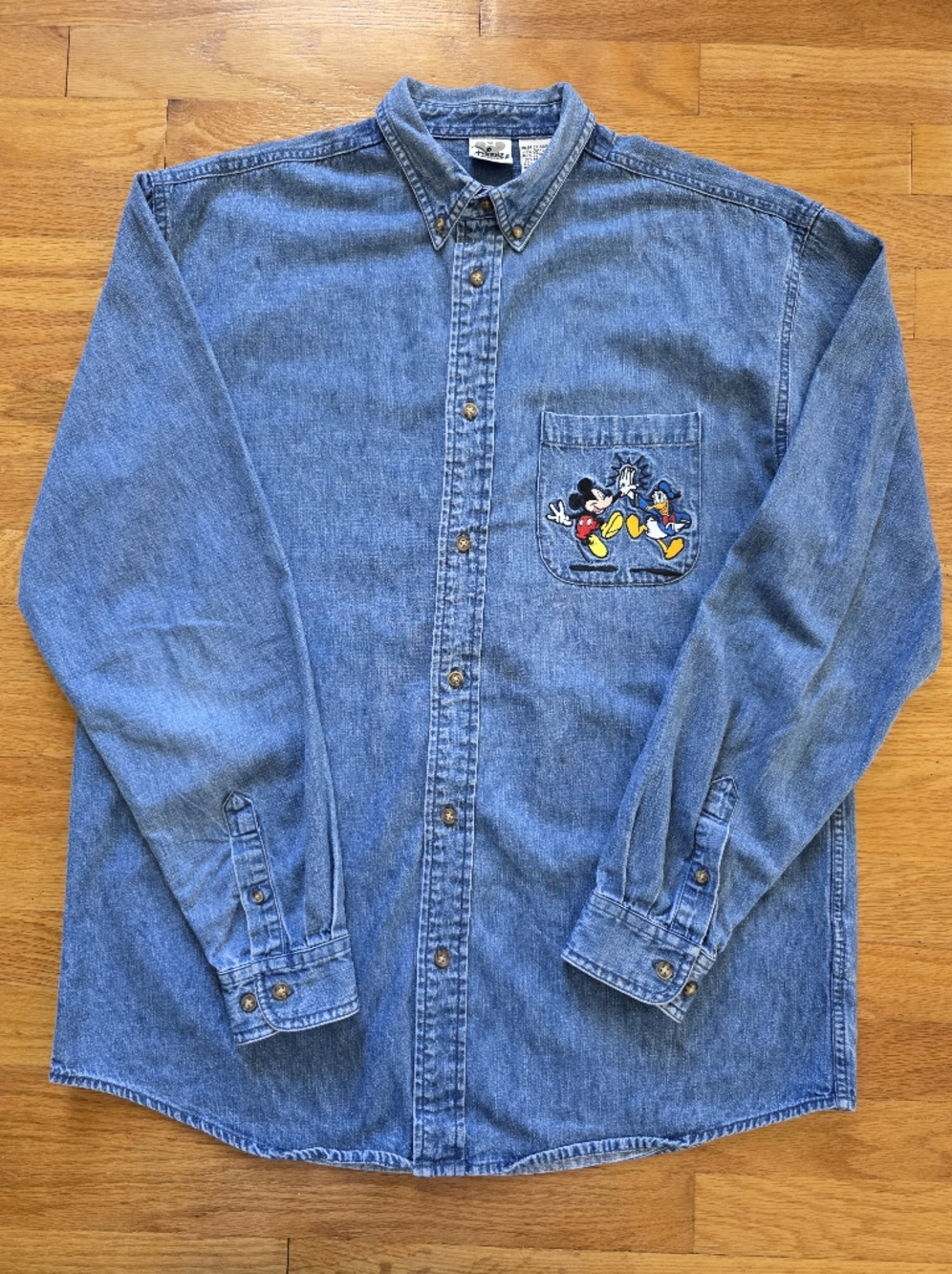 Vtg 90s Disney Catalog Denim Button-down Shirt with Micke & Donald Pocket Sz M